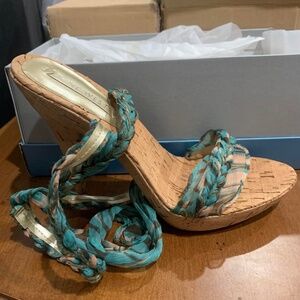 Nine West Takenya Ankle Wrap Strap Stiletto Heel Green Mult Fabric Women's 7.5 M
